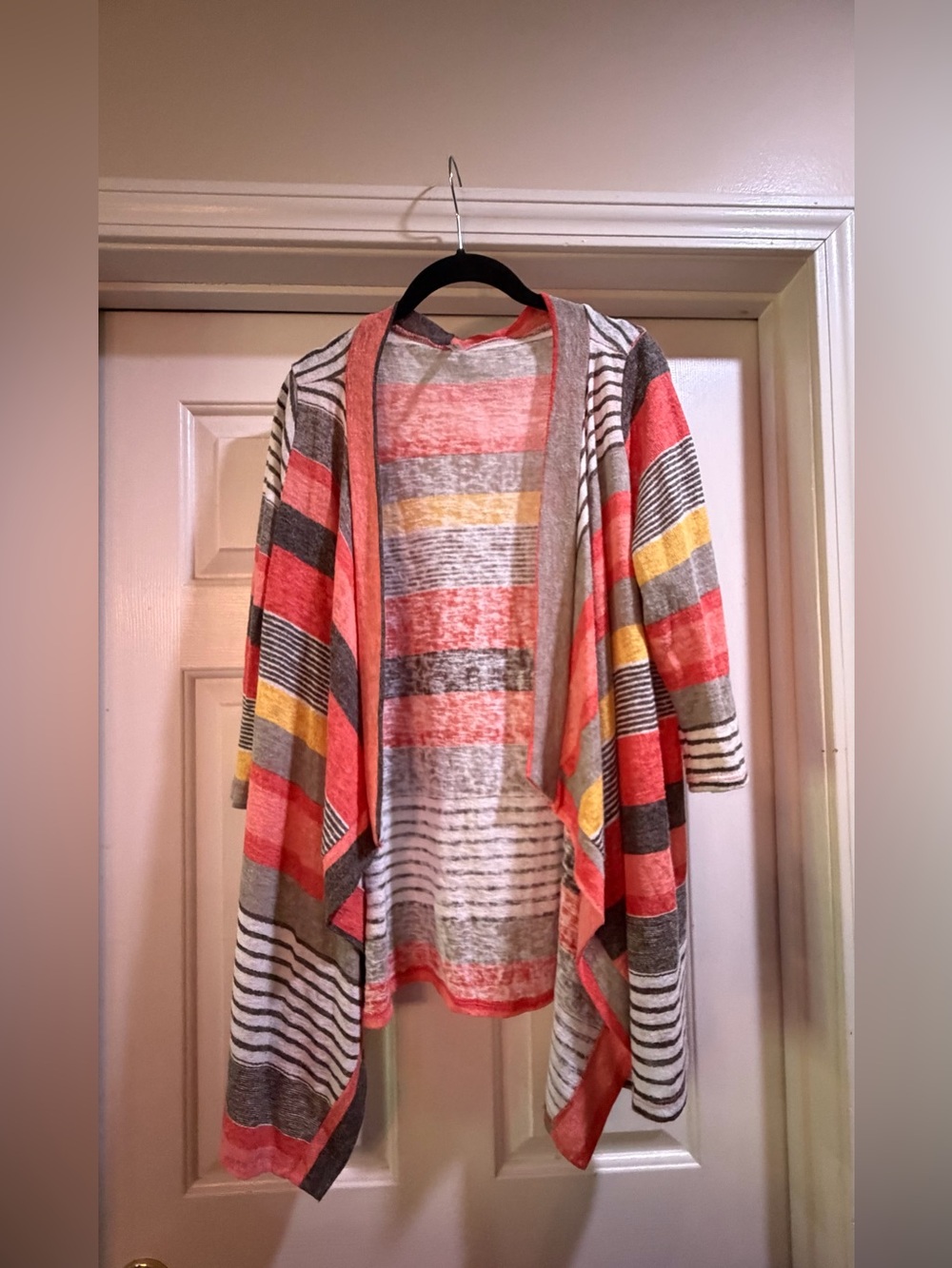 Flamingo Striped Open-Front Lightweight Cardigan - Coral, Gray & Yellow